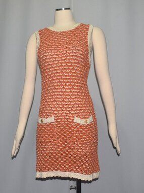 Zara Structured Knit Mini Shift Sweater Dress Orange Cream Retro Mod M